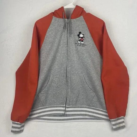 Disney Mickey Mouse Adult Zip Up Sweater Large Gray Orange Hooded Pockets - Picture 2 of 14